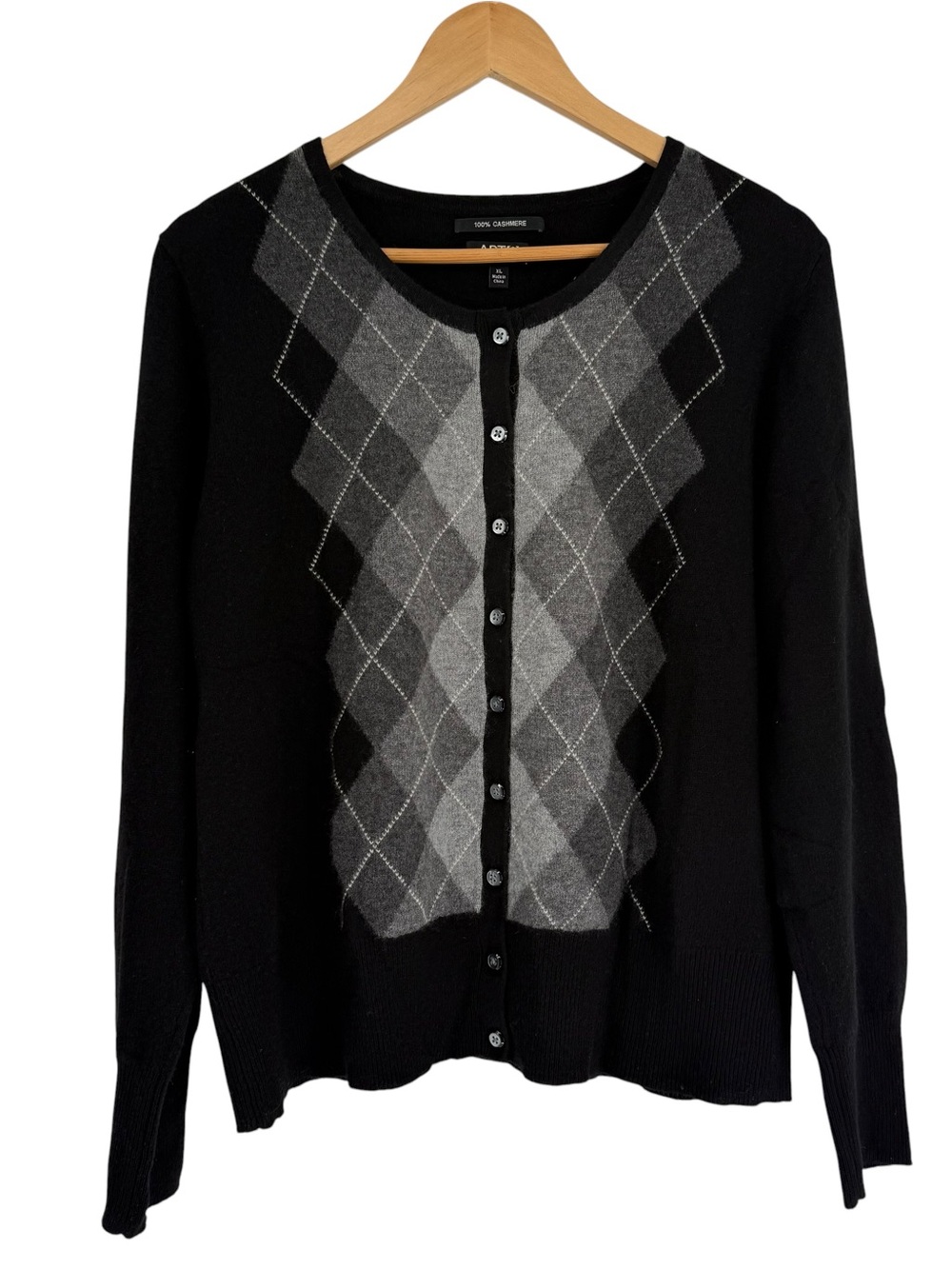 Apt. 9 Cashmere Cardigan Long Sleeve Sweater Argyle Black Gray White Size XL
